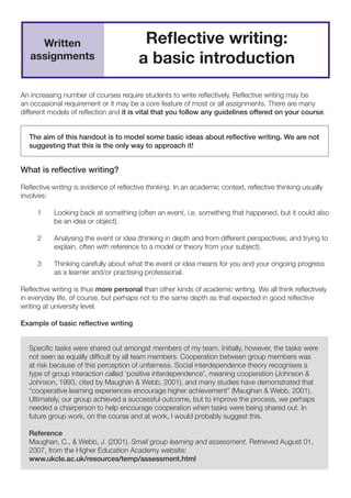 An increasing number of courses require students to write reflectively. Reflective writing may be
an occasional requirement or it may be a core feature of most or all assignments. There are many
different models of reflection and it is vital that you follow any guidelines offered on your course.
The aim of this handout is to model some basic ideas about reflective writing. We are not
suggesting that this is the only way to approach it!
What is reflective writing?
Reflective writing is evidence of reflective thinking. In an academic context, reflective thinking usually
involves:
1	 Looking back at something (often an event, i.e. something that happened, but it could also
be an idea or object).
2	 Analysing the event or idea (thinking in depth and from different perspectives, and trying to
explain, often with reference to a model or theory from your subject).
3	 Thinking carefully about what the event or idea means for you and your ongoing progress
as a learner and/or practising professional.
Reflective writing is thus more personal than other kinds of academic writing. We all think reflectively
in everyday life, of course, but perhaps not to the same depth as that expected in good reflective
writing at university level.
Example of basic reflective writing
Specific tasks were shared out amongst members of my team. Initially, however, the tasks were
not seen as equally difficult by all team members. Cooperation between group members was
at risk because of this perception of unfairness. Social interdependence theory recognises a
type of group interaction called ‘positive interdependence’, meaning cooperation (Johnson &
Johnson, 1993, cited by Maughan & Webb, 2001), and many studies have demonstrated that
“cooperative learning experiences encourage higher achievement” (Maughan & Webb, 2001).
Ultimately, our group achieved a successful outcome, but to improve the process, we perhaps
needed a chairperson to help encourage cooperation when tasks were being shared out. In
future group work, on the course and at work, I would probably suggest this.
Reference
Maughan, C., & Webb, J. (2001). Small group learning and assessment. Retrieved August 01,
2007, from the Higher Education Academy website:
www.ukcle.ac.uk/resources/temp/assessment.html
Reflective writing:
a basic introduction
Written
assignments
 