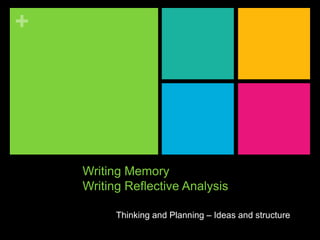 +




    Writing Memory
    Writing Reflective Analysis

          Thinking and Planning – Ideas and structure
 