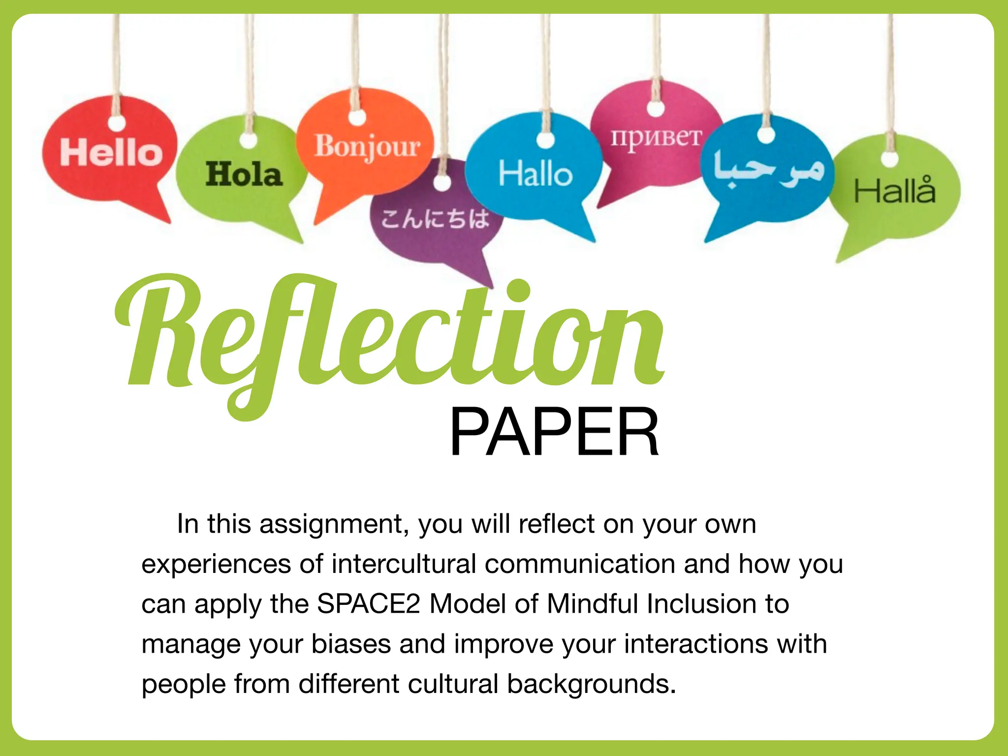 PAPER
Re
fl
ectio
n
In this assignment, you will reflect on your own
experiences of intercultural communication and how you
can apply the SPACE2 Model of Mindful Inclusion to
manage your biases and improve your interactions with
people from different cultural backgrounds.
 