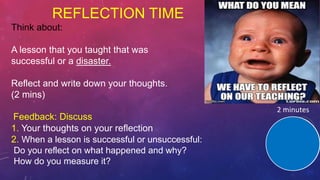 Think about:
A lesson that you taught that was
successful or a disaster.
Reflect and write down your thoughts.
(2 mins)
Feedback: Discuss
1. Your thoughts on your reflection
2. When a lesson is successful or unsuccessful:
Do you reflect on what happened and why?
How do you measure it?
REFLECTION TIME
2 minutes
 