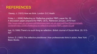 REFERENCES
Dewey, J. (1910) How we think. London: D.C.Heath.
Finlay, L. ( 2008) Reflecting on ‘Reflective practice’ PBPL paper No. 52 .
A discussion paper prepared for PBPL CETL. Retrieved January, 2016 from
http://www.open.ac.uk/opencetl/sites/www.open.ac.uk.opencetl/files/files/ecms/web-
content/Finlay-(2008)-Reflecting-on-reflective-practice-PBPL-paper-52.pdf
Ixer, G (1999) There’s no such thing as reflection. British Journal of Social Work, 29, 513-
527
Schon, D. (1983) The reflective practitioner: How professionals think in action, New York:
Basic Books.
 