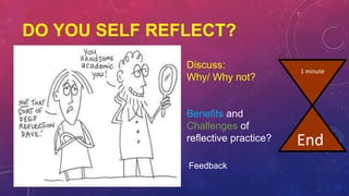 DO YOU SELF REFLECT?
Discuss:
Why/ Why not?
Benefits and
Challenges of
reflective practice?
1 minute
End
Feedback
 