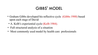 GIBBS' MODEL
• Graham Gibbs developed his reflective cycle (Gibbs 1988) based
upon each stage of David
• A. Kolb’s experiential cycle (Kolb 1984).
• Full structured analysis of a situation
• Most commonly used model by health care professionals
 