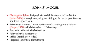 JOHNS' MODEL
• Christopher Johns designed his model for structured reflection
(Johns 2006) through analyzing the dialogue between practitioners
and their supervisors .
• Johns used Barbara Carper’s patterns of knowing in his model
(Carper 1978) which includes the following:
• Aesthetics (the art of what we do)
• Personal (self awareness)
• Ethics (moral knowledge)
• Empirics (scientific knowledge)
 