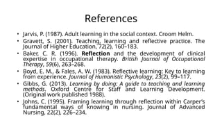 References
• Jarvis, P. (1987). Adult learning in the social context. Croom Helm.
• Gravett, S. (2001). Teaching, learning and reflective practice. The
Journal of Higher Education, 72(2), 160–183.
• Baker, C. R. (1996). Reflection and the development of clinical
expertise in occupational therapy. British Journal of Occupational
Therapy, 59(6), 263–268.
• Boyd, E. M., & Fales, A. W. (1983). Reflective learning: Key to learning
from experience. Journal of Humanistic Psychology, 23(2), 99–117.
• Gibbs, G. (2013). Learning by doing: A guide to teaching and learning
methods. Oxford Centre for Staff and Learning Development.
(Original work published 1988).
• Johns, C. (1995). Framing learning through reflection within Carper’s
fundamental ways of knowing in nursing. Journal of Advanced
Nursing, 22(2), 226–234.
 