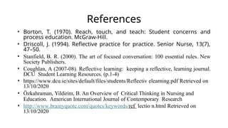 References
• Borton, T. (1970). Reach, touch, and teach: Student concerns and
process education. McGraw-Hill.
• Driscoll, J. (1994). Reflective practice for practice. Senior Nurse, 13(7),
47–50.
• Stanfield, B. R. (2000). The art of focused conversation: 100 essential rules. New
Society Publishers.
• Coughlan, A (2007-08). Reflective learning: keeping a reflective, learning journal.
DCU Student Learning Resources. (p.1-4)
• https://www.dcu.ie/sites/default/files/students/Reflectiv elearning.pdf Retrieved on
13/10/2020
• Özkahraman, Yildirim, B. An Overview of Critical Thinking in Nursing and
Education. American International Journal of Contemporary Research
• http://www.brainyquote.com/quotes/keywords/ref lectio n.html Retrieved on
13/10/2020
 
