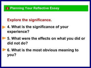 Planning Your Reflective Essay
Explore the significance.
4. What is the significance of your
experience?
5. What were the effects on what you did or
did not do?
6. What is the most obvious meaning to
you?
2
 