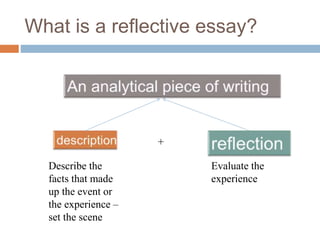 What is a reflective essay?
Describe the
facts that made
up the event or
the experience –
set the scene
+
Evaluate the
experience
 