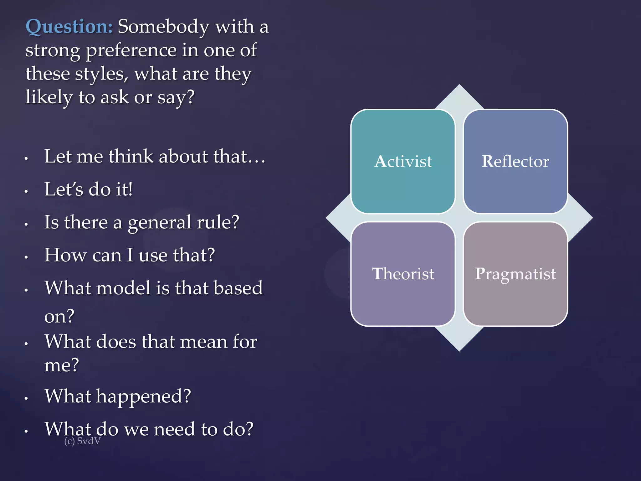 Question: Somebody with a
strong preference in one of
these styles, what are they
likely to ask or say?
•

Let me think about that…

•

Let’s do it!

•

Is there a general rule?

•

How can I use that?

•

•

What model is that based
on?
What does that mean for
me?

•

What happened?

•

What do we need to do?

Activist

Reflector

Theorist

Pragmatist

 