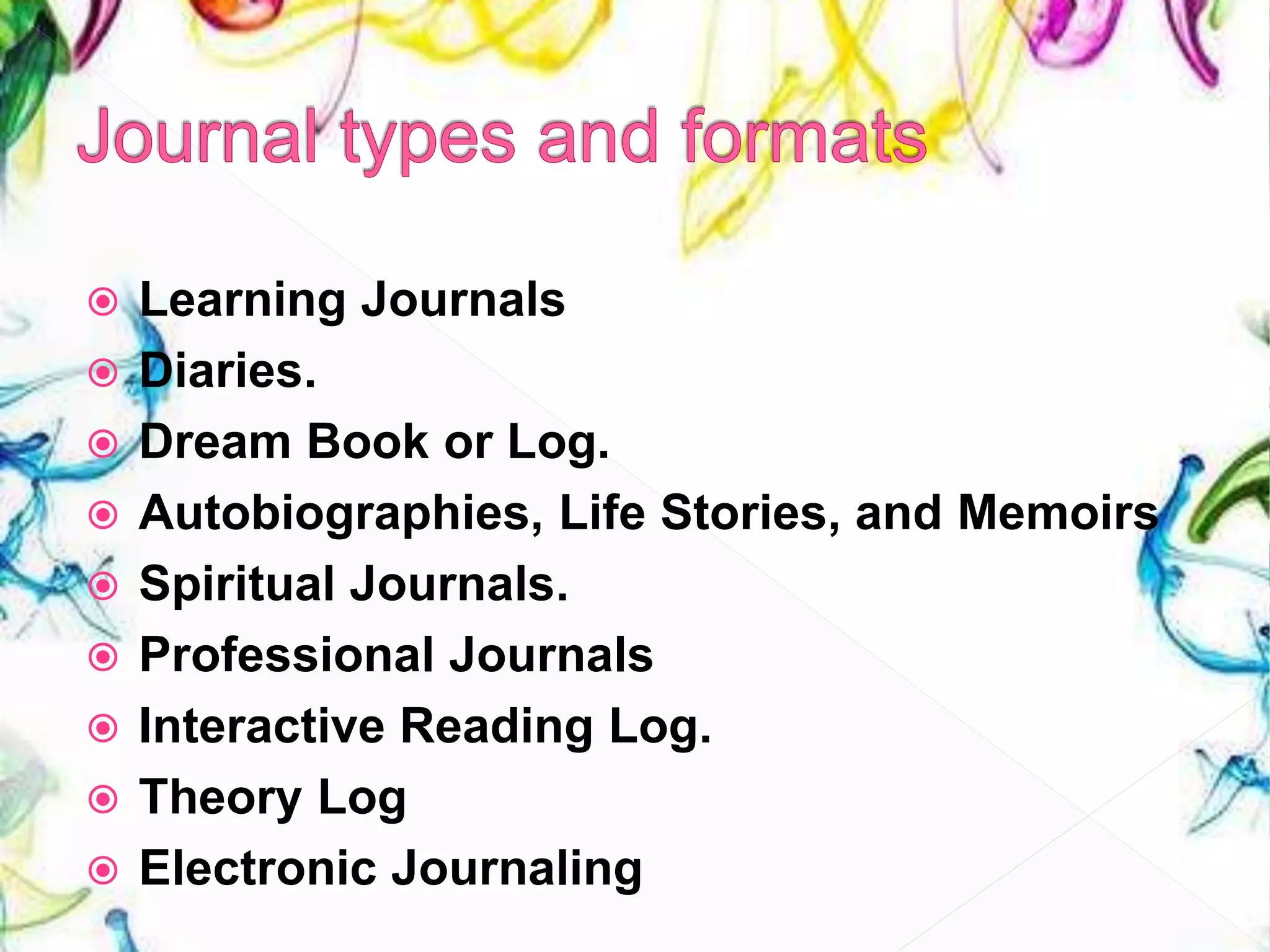  Learning Journals
 Diaries.
 Dream Book or Log.
 Autobiographies, Life Stories, and Memoirs
 Spiritual Journals.
 Professional Journals
 Interactive Reading Log.
 Theory Log
 Electronic Journaling
 