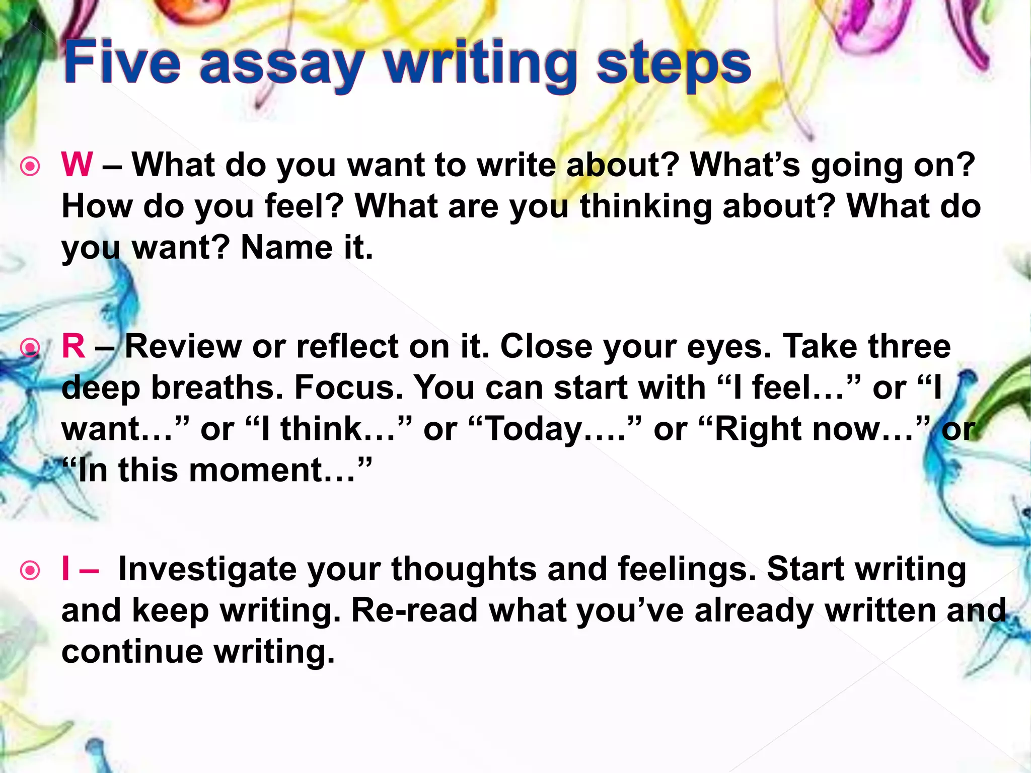  W – What do you want to write about? What’s going on?
How do you feel? What are you thinking about? What do
you want? Name it.
 R – Review or reflect on it. Close your eyes. Take three
deep breaths. Focus. You can start with “I feel…” or “I
want…” or “I think…” or “Today….” or “Right now…” or
“In this moment…”
 I – Investigate your thoughts and feelings. Start writing
and keep writing. Re-read what you’ve already written and
continue writing.
 