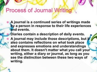  A journal is a continued series of writings made
by a person in response to their life experiences
and events.
 Diaries contain a description of daily events.
 A journal may include those descriptions, but it
also contains reflections on what took place
and expresses emotions and understandings
about them. It doesn't matter what you call your
writing, either a diary or journal, as long as you
see the distinction between these two ways of
writing.
 
