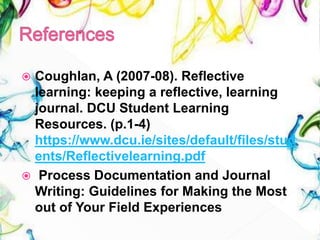  Coughlan, A (2007-08). Reflective
learning: keeping a reflective, learning
journal. DCU Student Learning
Resources. (p.1-4)
https://www.dcu.ie/sites/default/files/stud
ents/Reflectivelearning.pdf
 Process Documentation and Journal
Writing: Guidelines for Making the Most
out of Your Field Experiences
 