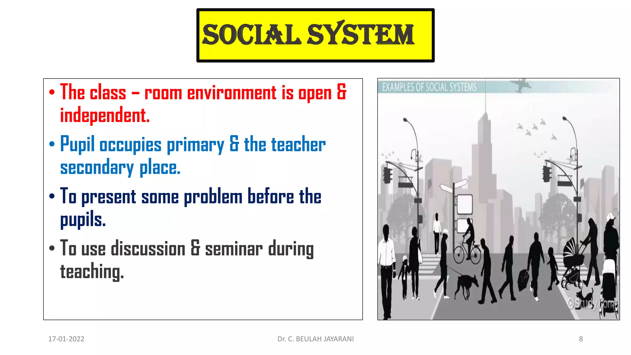 Social System
• The class – room environment is open &
independent.
• Pupil occupies primary & the teacher
secondary place.
• To present some problem before the
pupils.
• To use discussion & seminar during
teaching.
17-01-2022 Dr. C. BEULAH JAYARANI 8
 