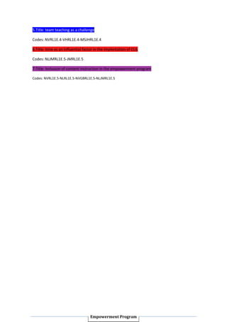 5.Title: team teaching as a challenge

Codes: NVRL1E.4-VHRL1E.4-MSJHRL1E.4

6.Title: time as an influential factor in the implentation of CLIL

Codes: NLJMRL1E.5-JMRL1E.5

7.Title: Inclusion of content instruction in the empowerment program

Codes: NVRL1E.5-NLRL1E.5-NVGBRL1E.5-NLJMRL1E.5




                                    Empowerment Program
 