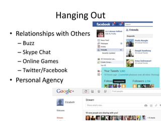 Hanging OutRelationships with Others BuzzSkype ChatOnline GamesTwitter/FacebookPersonal Agency