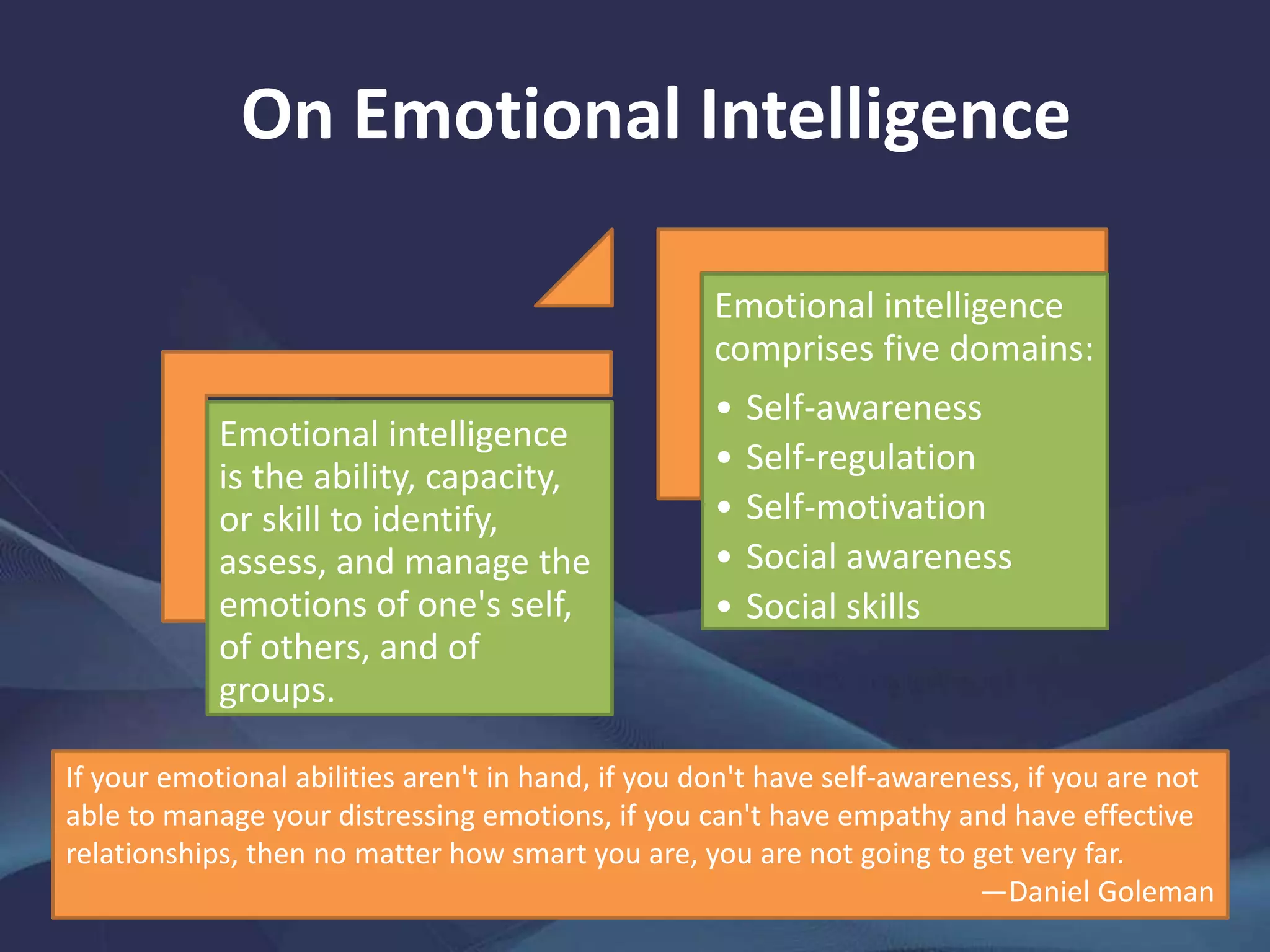 On Emotional Intelligence
Emotional intelligence
is the ability, capacity,
or skill to identify,
assess, and manage the
emotions of one's self,
of others, and of
groups.
Emotional intelligence
comprises five domains:
• Self-awareness
• Self-regulation
• Self-motivation
• Social awareness
• Social skills
If your emotional abilities aren't in hand, if you don't have self-awareness, if you are not
able to manage your distressing emotions, if you can't have empathy and have effective
relationships, then no matter how smart you are, you are not going to get very far.
—Daniel Goleman
 