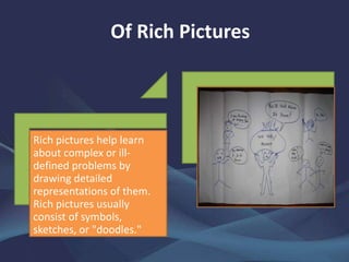 Of Rich Pictures
Rich pictures help learn
about complex or ill-
defined problems by
drawing detailed
representations of them.
Rich pictures usually
consist of symbols,
sketches, or "doodles."
 