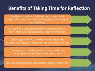 Benefits of Taking Time for Reflection
Enables individuals to think more deeply and
holistically about an issue, leading to greater insights
and learning.
Connects the rational decision-making process to a
more effective and experiential learning process.
Challenges individuals to be honest about the
relationship between what they say and what they do.
Creates opportunities to seriously consider the
implications of any past or future action.
Acts as a safeguard against making impulsive decisions
 