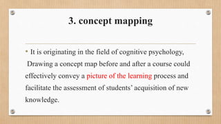 3. concept mapping
• It is originating in the field of cognitive psychology,
Drawing a concept map before and after a course could
effectively convey a picture of the learning process and
facilitate the assessment of students’ acquisition of new
knowledge.
 