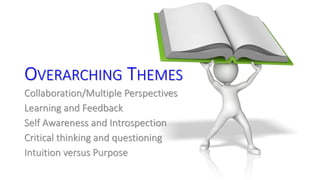 OVERARCHING THEMES 
Collaboration/Multiple Perspectives 
Learning and Feedback 
Self Awareness and Introspection 
Critical thinking and questioning 
Intuition versus Purpose 
 