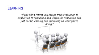 LEARNING 
“If you don’t reflect you can go from evaluation to 
evaluation to evaluation and within the evaluation and 
just not be learning and improving on what you’re 
doing.” 
 