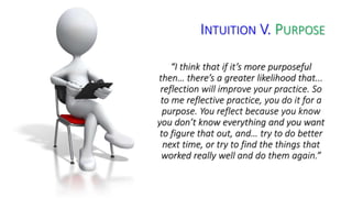 INTUITION V. PURPOSE 
“I think that if it’s more purposeful 
then… there’s a greater likelihood that... 
reflection will improve your practice. So 
to me reflective practice, you do it for a 
purpose. You reflect because you know 
you don’t know everything and you want 
to figure that out, and… try to do better 
next time, or try to find the things that 
worked really well and do them again.” 
 