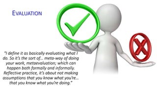 EVALUATION 
“I define it as basically evaluating what I 
do. So it’s the sort of… meta-way of doing 
your work, metaevaluation; which can 
happen both formally and informally. 
Reflective practice, it’s about not making 
assumptions that you know what you’re… 
that you know what you’re doing.” 
 