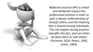 Reflective practice (RP) is critical 
and deliberate inquiry into 
professional practice in order to 
gain a deeper understanding of 
oneself, others, and the meaning 
that is shared among individuals. 
This can happen during practice 
and after the fact, and can either 
be done alone or with others 
(Forrester, 2010; Peters, 1991; 
Schön, 1983). 
 