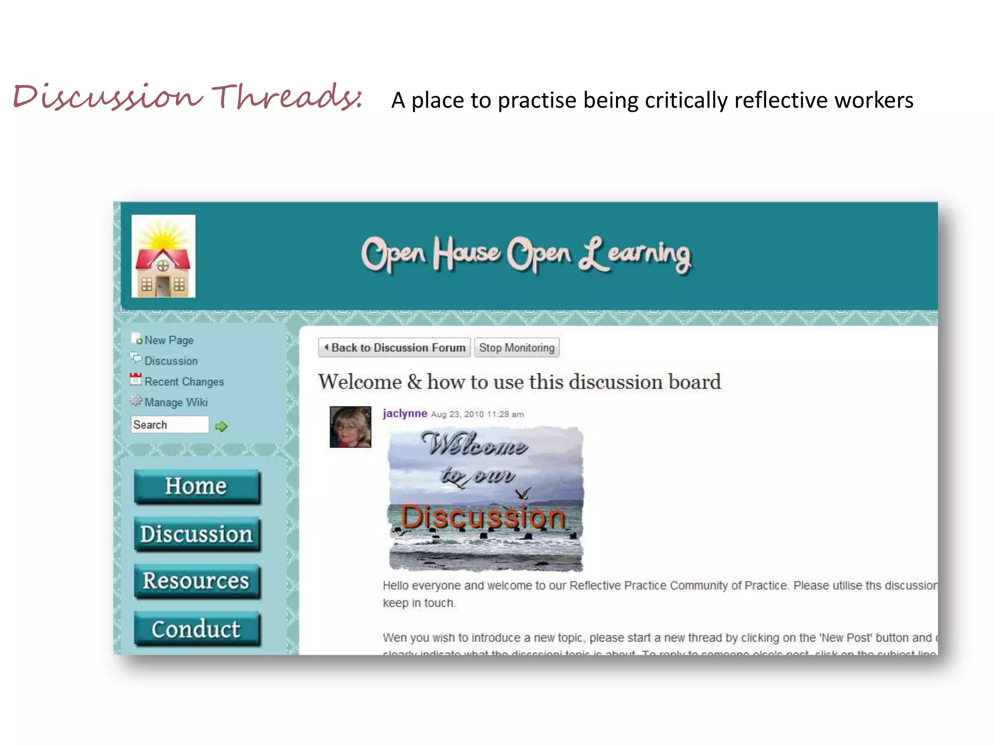 	How can we utilise the elements of 	reflective journaling to develop our 	skills as professional workers?	Our own professional journeyPersonal wikis:  A place to practise becoming critically reflective learners.
