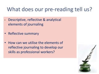 What does our pre-reading tell us?Descriptive, reflective & analytical  	elements of journaling