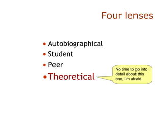 Four lenses Autobiographical Student Peer Theoretical No time to go into detail about this one, I’m afraid. 