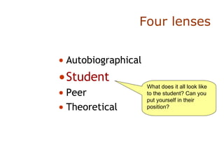 Four lenses Autobiographical Student Peer Theoretical What does it all look like to the student? Can you put yourself in their position? 