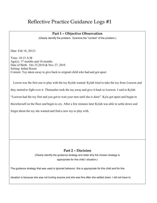 Reflective Practice Guidance Logs #1

                                      Part 1 – Objective Observation
                         (Clearly identify the problem. Examine the “context” of the problem.)




Date: Feb 18, 20121

Time: 10:15 A.M
Age(s): 17 months and 16 months
Date of Birth: Oct 25,2010 & Nov 27, 2010
Setting: Infant Room
Content: Toy taken away to give back to original child who had and got upset


  Lowen was the first one to play with the toy Kylah wanted. Kylah tried to take the toy from Loewen and

they started to fight over it. Theteacher took the toy away and give it back to Loewen. I said to Kylah

“Loewen had the toy first and you got to wait your turn until she is done”. Kyla got upset and began to

throwherself on the floor and begin to cry. After a few minutes later Kylah was able to settle down and

forget about the toy she wanted and find a new toy to play with.




                                                Part 2 – Decision
                      (Clearly identify the guidance strategy and state why the chosen strategy is
                                          appropriate for this child / situation.)


The guidance strategy that was used is Ignored behavior, this is appropriate for this child and for this


situation is because she was not hurting anyone and she was fine after she settled down. I did not have to
 