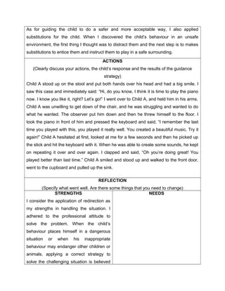 As for guiding the child to do a safer and more acceptable way, I also applied
substitutions for the child. When I discovered the child’s behaviour in an unsafe
environment, the first thing I thought was to distract them and the next step is to makes
substitutions to entice them and instruct them to play in a safe surrounding.

                                        ACTIONS
   (Clearly discuss your actions, the child’s response and the results of the guidance
                                         strategy)
Child A stood up on the stool and put both hands over his head and had a big smile. I
saw this case and immediately said: “Hi, do you know, I think it is time to play the piano
now. I know you like it, right? Let’s go!” I went over to Child A, and held him in his arms.
Child A was unwilling to get down of the chair, and he was struggling and wanted to do
what he wanted. The observer put him down and then he threw himself to the floor. I
took the piano in front of him and pressed the keyboard and said, “I remember the last
time you played with this, you played it really well. You created a beautiful music. Try it
again!” Child A hesitated at first, looked at me for a few seconds and then he picked up
the stick and hit the keyboard with it. When he was able to create some sounds, he kept
on repeating it over and over again. I clapped and said, “Oh you’re doing great! You
played better than last time.” Child A smiled and stood up and walked to the front door,
went to the cupboard and pulled up the sink.

                                      REFLECTION
        (Specify what went well. Are there some things that you need to change)
              STRENGTHS                                        NEEDS
I consider the application of redirection as
my strengths in handling the situation. I
adhered to the professional attitude to
solve the problem. When the child’s
behaviour places himself in a dangerous
situation   or   when    his   inappropriate
behaviour may endanger other children or
animals, applying a correct strategy to
solve the challenging situation is believed
 