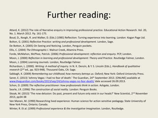 Further reading:
Attard, K. (2012) The role of Narrative enquiry in improving professional practice. Educational Action Research. Vol. 20,
No. 1. March 2012. Pp. 161-175.
Boud, D., Keogh, R. and Walker, D. (Eds.) (1985) Reflection: Turning experience into learning. London: Kogan Page Ltd.
Bolton, G. (2001) Reflective Practice: writing and professional development. London, Sage.
De Botton, A. (2005) On Seeing and Noticing. London, Penguin pockets.
Ellis, C. (2004) The Ethnographic I. Walnut Creek, Altamira Press.
Forde, McMahon, McPhee, Patrick. (2006) Professional development: reflection and enquiry. PCP, London.
Moon, J. (2000) Reflection in learning and professional development: Theory and Practice. Routledge Falmer, London.
Moon, J. (2004) Learning Journals. London, Routledge Falmer.
Richardson, L. (2000). Writing: A method of inquiry. In N. K. Denzin, & Y. S. Lincoln (Eds.), Handbook of qualitative
research (2nd ed., pp. 923-948). Thousand Oaks, CA: Sage.
Sabbagh, K. (2009) Remembering our childhood; how memory betrays us. Oxford; New York: Oxford University Press.
Saner, E. (2013) ‘Johnny Vegas: I had no fear of death.’ The Guardian, 24th September 2013. [ONLINE] available at
www.theguardian.com/books/2013/sep/24/johnny-vegas-no-fear-death/ date accessed 26.09.2013.
Schon, D. (2009) The reflective practitioner: how professionals think in action. Ashgate, London.
Searle, J.R. (1996) The construction of social reality. London: Penguin Books.
Slezak, M. (2013) ‘The now delusion: Do past, present and future only exist in our heads?’ New Scientist, 2nd November
2013, pp34-38
Van Manen, M. (1990) Researching lived experience: Human science for action sensitive pedagogy. State University of
New York Press, Ontario; Canada.
Winter, R. Et al. (1999) Professional experience & the investigative Imagination. London, Routledge.
 