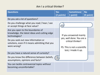 Am I a critical thinker?
Questions Yes
(2 points)
Sometimes(
1 point)
No
(0 point)
Do you ask a lot of questions?
Do you challenge what you read / hear / see
or accept things at face value?
Are you open to the boundaries of
knowledge, the latest ideas and cutting edge
technologies?
Do you seek out new information or
solutions, even if it means admitting that you
were wrong?
Do you have a natural sense of curiosity?
Do you know the difference between beliefs,
assumptions, opinions and facts?
You can tackle contraversial topics without
becoming uncomfortable?
If you answered mainly
yes, well done. You are a
critical thinker!
PS. This is not a scientific
test, I made it up.
 