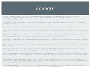 C o r n i s h , L i n l e y a n d J e n k i n s , K a t h y A n n . “ E n c o u r a g i n g T e a c h e r D e v e l o p m e n t T h r o u g h E m b e d d i n g R e f l e c t i v e P r a c t i c e i n
A s s e s s m e n t , ” A s i a - P a c i f i c J o u r n a l o f T e a c h e r E d u c a t i o n 4 0 ( 2 0 1 2 ) : 1 5 9 - 1 7 0 . A c c e s s e d A p r i l 1 4 , 2 0 1 4 . d o i :
1 0 . 1 0 8 0 / 1 3 5 9 8 6 6 X . 2 0 1 2 . 6 6 9 8 2 5
C o s t a , A r t h u r L . a n d K a l l i c k , B e n a . “ T h r o u g h t h e L e n s o f a C r i t i c a l F r i e n d , ” E d u c a t i o n a l L e a d e r s h i p 5 1 ( 1 9 9 3 ) : 4 9 - 5 1 . A c c e s s e d
S e p t e m b e r 2 8 , 2 0 1 3 .
D a n i e l s o n , L a n a M . “ F o s t e r i n g R e f l e c t i o n , ” E d u c a t i o n a l L e a d e r s h i p 6 6 ( 2 0 0 9 ) : 1 - 5 . A c c e s s e d A p r i l 1 4 , 2 0 1 4 .
D e w e y , J o h n . H o w W e T h i n k : A R e s t a t e m e n t o f t h e R e l a t i o n o f R e f l e c t i v e T h i n k i n g t o t h e E d u c a t i v e P r o c e s s . N e w Y o r k : D . C . H e a t h ,
1 9 3 3 .
D i n k e l m a n , T o d d . “ S e l f - S t u d y i n T e a c h e r E d u c a t i o n : A M e a n s a n d E n d s T o o l f o r P r o m o t i n g R e f l e c t i v e T e a c h i n g , ” J o u r n a l o f
T e a c h e r E d u c a t i o n 5 4 ( 2 0 0 3 ) : 6 - 1 8 . A c c e s s e d S e p t e m b e r 2 8 , 2 0 1 3 . d o i : 1 0 . 1 1 7 7 / 0 0 2 2 4 8 7 1 0 2 2 3 8 6 5 4 .
H a l l , R u s s e l l A . “ B e y o n d t h e J o b A d : E m p l o y e r s a n d L i b r a r y I n s t r u c t i o n , ” C o l l e g e & R e s e a r c h L i b r a r i e s 7 4 ( 2 0 1 3 ) : 2 4 - 3 7 . A c c e s s e d
A p r i l 2 2 , 2 0 1 4 .
H o l t , A b b y . “ L e a r n i n g t o T e a c h : I n s t i t u t e f o r I n f o r m a t i o n L i t e r a c y , I m m e r s i o n 2 0 0 2 , ” A r k a n s a s L i b r a r i e s 5 9 ( 2 0 0 2 ) : 1 0 - 1 1 . A c c e s s e d
A p r i l 2 2 , 2 0 1 4 .
M c C u l l a g h , J o h n F . “ H o w C a n V i d e o S u p p o r t e d R e f l e c t i o n E n h a n c e T e a c h e r s ’ P r o f e s s i o n a l D e v e l o p m e n t ? ” C u l t u r a l S t u d i e s o f
S c i e n c e E d u c a t i o n 7 ( 2 0 1 2 ) : 1 3 7 - 1 5 2 . A c c e s s e d A p r i l 1 4 , 2 0 1 4 . d o i : 1 0 . 1 0 0 7 / s 1 1 4 2 2 - 0 1 2 - 9 3 9 6 - 0
Ö z e k , Y v o n n e H u l t m a n , E d g r e n , G u d r u n , a n d J a n d é r , K a t a r i n a . “ I m p l e m e n t i n g t h e C r i t i c a l F r i e n d M e t h o d f o r P e e r F e e d b a c k a m o n g
T e a c h i n g L i b r a r i a n s i n a n A c a d e m i c S e t t i n g , ” E v i d e n c e B a s e d L i b r a r y a n d I n f o r m a t i o n P r a c t i c e 7 ( 2 0 1 2 ) : 6 8 - 8 1 . A c c e s s e d A p r i l 1 4 ,
2 0 1 4 .
R o s a e n , C h e r y l L . , L u n d e b e r g , M a r y , C o o p e r , M a r j o r i e , F r i t z e n , A n n y , a n d T e r p s t r a , M a r j o r i e . “ N o t i c i n g N o t i c i n g : H o w D o e s
I n v e s t i g a t i o n o f V i d e o R e c o r d s C h a n g e H o w T e a c h e r s R e f l e c t o n T h e i r E x p e r i e n c e s ? ” J o u r n a l o f T e a c h e r E d u c a t i o n 5 9 ( 2 0 0 8 ) : 3 4 7 -
3 5 9 . A c c e s s e d A p r i l 1 8 , 2 0 1 4 . d o i : 1 0 . 1 1 7 7 / 0 0 2 2 4 8 7 1 0 8 3 2 2 1 2 8
S c h u c k , S a n d y a n d R u s s e l l , T o m . “ S e l f- S t u d y , C r i t i c a l F r i e n d s h i p , a n d t h e C o m p l e x i t i e s o f T e a c h e r E d u c a t i o n , ” S t u d y i n g T e a c h e r
E d u c a t i o n 1 ( 2 0 0 5 ) : 1 0 7 - 1 2 1 . A c c e s s e d S e p t e m b e r 2 8 , 2 0 1 3 . d o i : 1 0 . 1 0 8 0 / 1 7 4 2 5 9 6 0 5 0 0 2 8 8 2 9 1 .
SOURCES
 