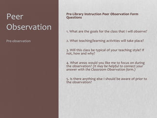 Peer
Observation

Pre-Library Instruction Peer Observation Form
Questions

Pre-observation

2. What teaching/learning activities will take place?

1. What are the goals for the class that I will observe?

3. Will this class be typical of your teaching style? If
not, how and why?
4. What areas would you like me to focus on during
the observation? (It may be helpful to connect your
answer with the Classroom Observation form.)
5. Is there anything else I should be aware of prior to
the observation?

 