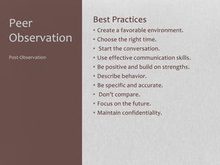 Peer
Observation
Post-Observation

Best Practices
•
•
•
•
•
•
•
•
•
•

Create a favorable environment.
Choose the right time.
Start the conversation.
Use effective communication skills.
Be positive and build on strengths.
Describe behavior.
Be specific and accurate.
Don’t compare.
Focus on the future.
Maintain confidentiality.

 