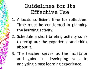 Guidelines for Its
Effective Use
1. Allocate sufficient time for reflection.
Time must be considered in planning
the learning activity.
2. Schedule a short briefing activity so as
to recapture the experience and think
about it.
3. The teacher serves as the facilitator
and guide in developing skills in
analyzing a past learning experience.
 