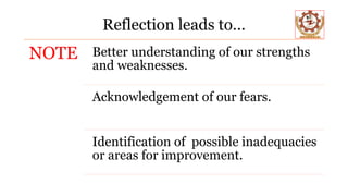 Reflection leads to…
NOTE Better understanding of our strengths
and weaknesses.
Acknowledgement of our fears.
Identification of possible inadequacies
or areas for improvement.
 