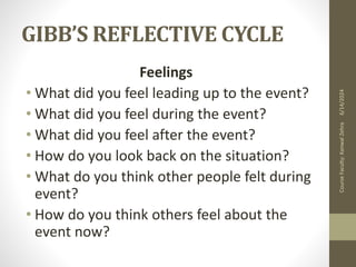 GIBB’S REFLECTIVE CYCLE
Feelings
• What did you feel leading up to the event?
• What did you feel during the event?
• What did you feel after the event?
• How do you look back on the situation?
• What do you think other people felt during
event?
• How do you think others feel about the
event now?
6/14/2024
Course
Faculty:
Kanwal
Zehra
 