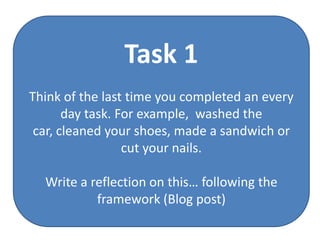 What is Reflection?
                Task 1
Think of the last time you completed an every
       day task. For example, washed the
 car, cleaned your shoes, made a sandwich or
                  cut your nails.

  Write a reflection on this… following the
           framework (Blog post)
 