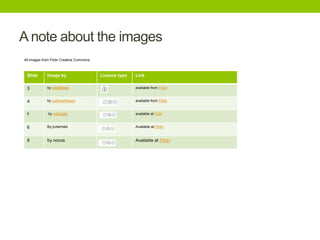 A note about the images
All images from Flickr Creative Commons

Slide

Image by

Licence type

Link

3

by distelfliege

available from Flickr

4

by Lorihutchinson

available from Flickr

5

by mbgrigby

available at Fickr

6

By jcoterhals

Available at Flickr

8

by nocos

Available at Flickr

 