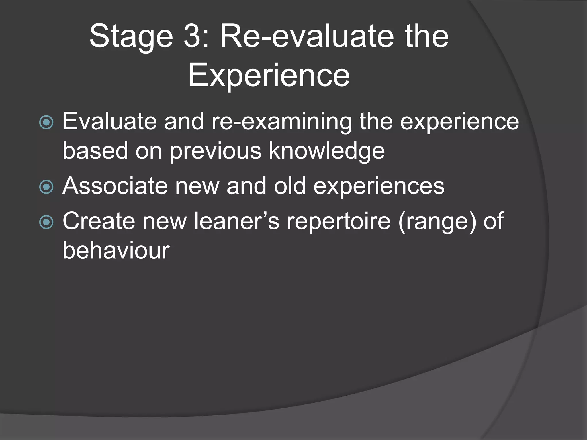Stage 3: Re-evaluate the
          Experience
 Evaluate and re-examining the experience
  based on previous knowledge
 Associate new and old experiences
 Create new leaner’s repertoire (range) of
  behaviour
 