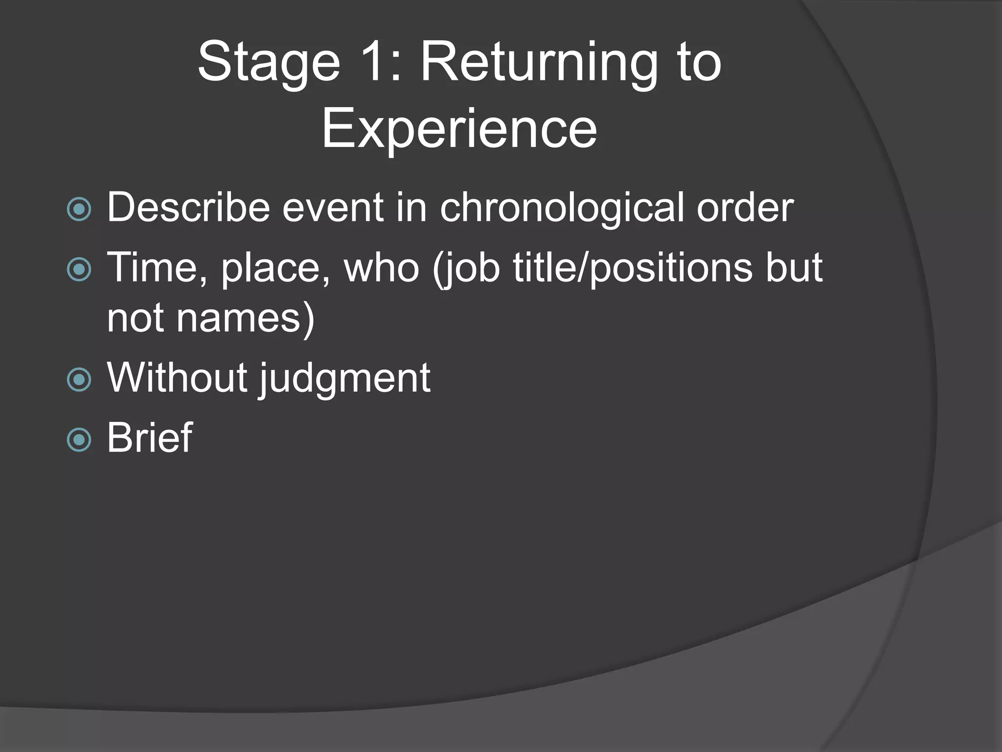 Stage 1: Returning to
           Experience
 Describe event in chronological order
 Time, place, who (job title/positions but
  not names)
 Without judgment
 Brief
 
