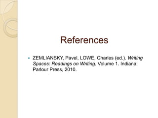 ReferencesZEMLIANSKY, Pavel, LOWE, Charles (ed.). Writing Spaces: Readings on Writing. Volume 1.Indiana: Parlour Press, 2010. 
