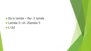  Da is lamda < Da< 2 lamda
 Lamda/3 <d< 2lamda/3
 L=2d
 