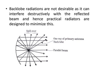 • Backlobe radiations are not desirable as it can
interfere destructively with the reflected
beam and hence practical radiators are
designed to minimize this.
 